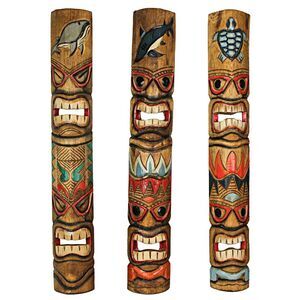 Set of 3 Hand-Carved Ocean Animal Totem Tiki Wall Hanging Masks 40 Inches High